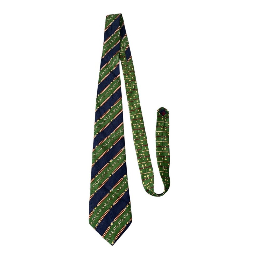 Vintage Tommy Hilfiger Silk Necktie Green Navy Equestrian Print